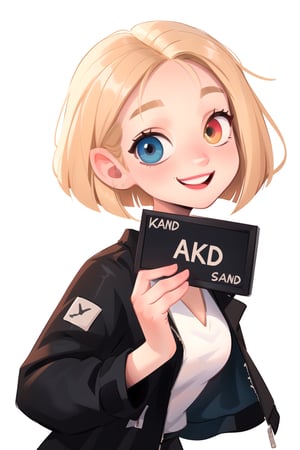 white girl,  thicc,  solo,  upper body,  looking at viewer,  white background,  bob cut,  (long hair),  bows in hair,  heterochromia eyes,  blonde hair,  red lips,  eyeliner, smile, jacket, SAM YANG art style,concept_ken_mugshot_ownwaifu