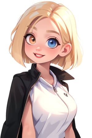 white girl, thicc, solo, upper body, looking at viewer, white background, bob cut, [bows in the hair], heterochromia eyes, blonde hair, red lips, eyeliner, smile, jacket, SAM YANG art style, cute, 8k, HD