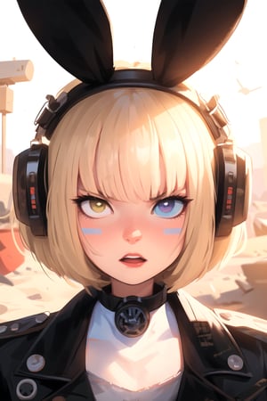 white girl,  thicc,  solo,  upper body,  looking at viewer,   wasteland desert background,  bob cut, [bows- black bunny ears in white the hair],  heterochromia eyes,  blonde hair,  red lips,  eyeliner, angry, punk jacket, SAM YANG art style, cute, HEADSETS, portrait-centrate in the portrait-caravaggio style-upscales to 1080p-, punk breathing mask, respiratory tract