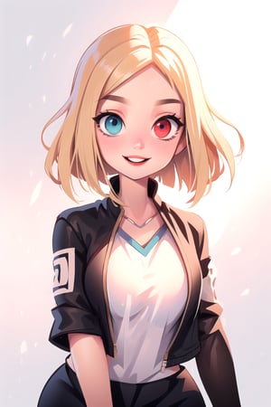 white girl,  thicc,  solo,  upper body,  looking at viewer,  [black background],  bob cut,  (long hair),  bows in hair,  heterochromia eyes,  blonde hair,  red lips,  eyeliner, smile, jacket, SAM YANG art style, cute,girl