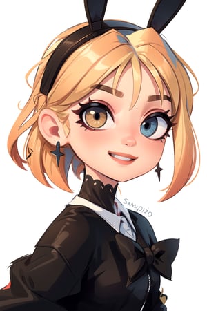 white girl,  thicc,  solo,  upper body,  looking at viewer,  white  background,  bob cut, [bows- black bunny ears in the hair],  heterochromia eyes,  blonde hair,  red lips,  eyeliner, smile neckline, jacket, SAM YANG art style, cute, HEADSETS, portrait-centrate in the portrait-caravaggio style-upscales to 1080p-,SAM YANG