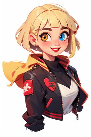 1girl white,  thicc,  solo,  upper body,  looking at viewer,  white background,  bob cut,  (long hair),  heterochromia eyes,  blonde hair,  red lips,  eyeliner, smile, jacket, SAM YANG art style