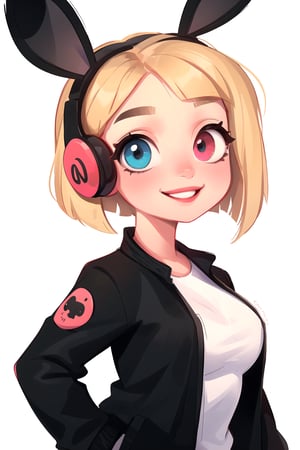 white girl,  thicc,  solo,  upper body,  looking at viewer,  white  background,  bob cut, [bows- black bunny ears in the hair],  heterochromia eyes,  blonde hair,  red lips,  eyeliner, smile, jacket, SAM YANG art style, cute, HEADSETS, 8k, HD