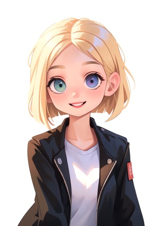 white girl,  thicc,  solo,  upper body,  looking at viewer,  white  background,  bob cut, [bows in the hair],  heterochromia eyes,  blonde hair,  red lips,  eyeliner, smile, jacket, SAM YANG art style, cute