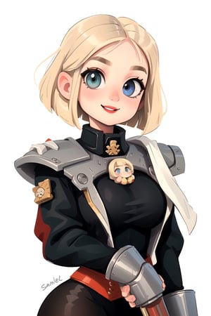 white girl,  thicc,  solo,  upper body,  looking at viewer,  white  background,  bob cut,  (long hair),  bows in hair,  heterochromia eyes,  blonde hair,  red lips,  eyeliner, seductive smile, warhammer 40k sister of baattle cosplay, SAM YANG art style, cute, ,EDGADEPTA