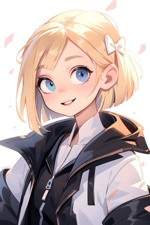 white girl,  thicc,  solo,  upper body,  looking at viewer,  white  background,  bob cut, [bows in the hair],  heterochromia eyes,  blonde hair,  red lips,  eyeliner, smile, jacket, SAM YANG art style, cute, portrait-centrate in the portrait-caravaggio style-upscales to 1080p-,1 girl