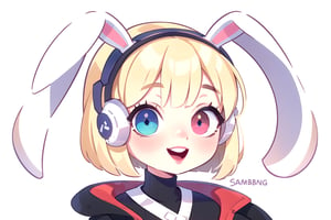 white girl, thicc, solo, upper body, looking at viewer, white background, bob cut, [bows- black bunny ears in the hair], heterochromia eyes, blonde hair, red lips, eyeliner, smile, jacket, SAM YANG art style, cute, HEADSETS, 8k, HD 