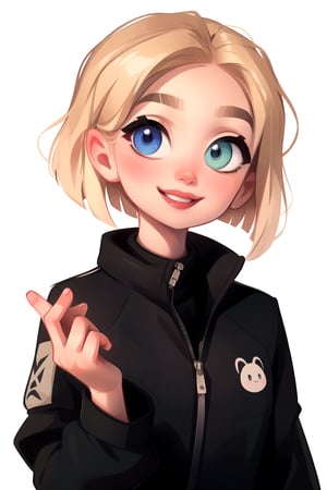 white girl,  thicc,  solo,  upper body,  looking at viewer,  white  background,  bob cut, [bows in the hair],  heterochromia eyes,  blonde hair,  red lips,  eyeliner, smile, jacket, SAM YANG art style, cute, 8k, HD