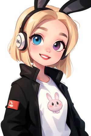 white girl,  thicc,  solo,  upper body,  looking at viewer,  white  background,  bob cut, [bows- black bunny ears in the hair],  heterochromia eyes,  blonde hair,  red lips,  eyeliner, smile, jacket, SAM YANG art style, cute, HEADSETS, 8k, HD