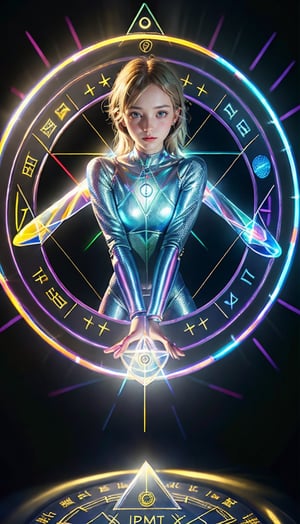 (best quality, masterpiece:1.2),ultra detailed,(photo realistic:1.4),solo,cute girl,see-through bodysuit,(colorful illumination:1.1),upper body,(summon light magic circle:1.3),luminescence_circle_background,halation_background