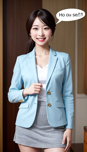 (best quality, masterpiece:1.2),ultra detailed,(photo realistic:1.4),solo,cute girl,business suit,mini skirt,lite smile,say "WHY?",(speech_bubble:1.3)