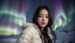 (best quality, masterpiece:1.2),ultra detailed,(photo realistic:1.4),1girl,fluffy coat,northern_lights