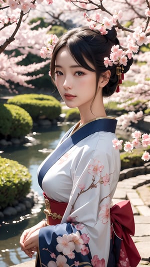 (best quality,masterpiece:1.2),ultra detailed,(photo realistic:1.4),solo,geisha girl,mount Fuji,kimono,japanese garden,cherry_blossom_background