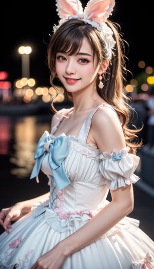 1girl, solo,mix4, (realistic:1.1), (photorealistic:1.1), (masterpiece:1.1), (best quality:1.1),  ultra detailed, looking at viewer, smile,sweet_lolita,standing , natural lighting, depth of field, (pureerosface_v1:0.8), amusement park in the background,(night)