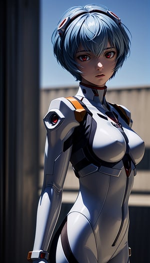 (best quality, masterpiece:1.2),ultra detailed,(photo realistic:1.4),(upper body:1.5),red eyes,plug suit,ayanami_rei,,halation_background