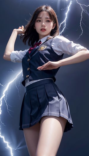 (best quality,masterpiece:1.2),ultra detailed,(photo realistic:1.4),1girl,school uniform,mini skirt,kung fu pose,from below,lightning_sparkle_background,halation_background