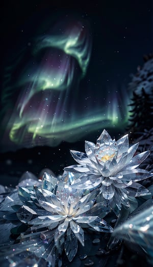 (best quality, masterpiece:1.2),ultra detailed,(photo realistic:1.4),(clear ice,transparent ice:1.3),flower_of_ice,(northern_lights:1.2),multi_effects