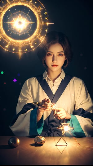 (best quality, masterpiece:1.2),ultra detailed,(photo realistic:1.4),solo,cute girl,wizard's robe,(colorful illumination:1.1),upper body,(summon light magic circle:1.3),luminescence_circle_background