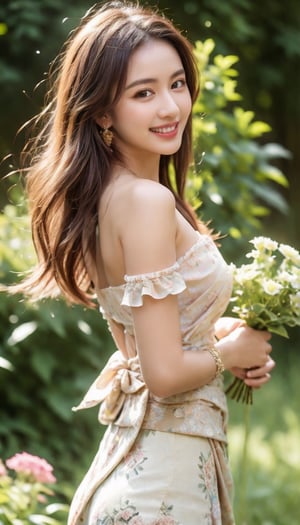 (best quality, masterpiece:1.2),ultra detailed,(photo realistic:1.4),solo,cute girl,(waist up shot:1.3),lite smile,flower garden,many flowers,flower_arrangement_dress,pink