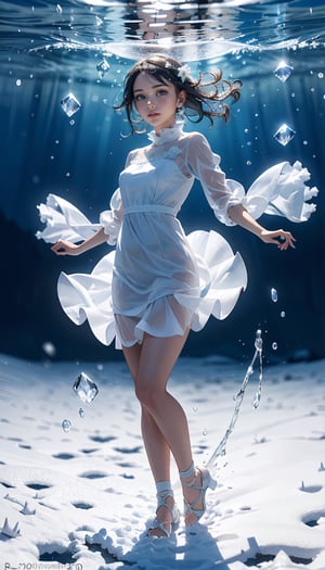 (best quality,  masterpiece:1.2), ultra detailed, (photo realistic:1.4), solo, cute girl, see-through white ruffle dress, snow_crystal_background,illumination_flower_background,diving_the_water_background,snow_crystal_background,multi_effects