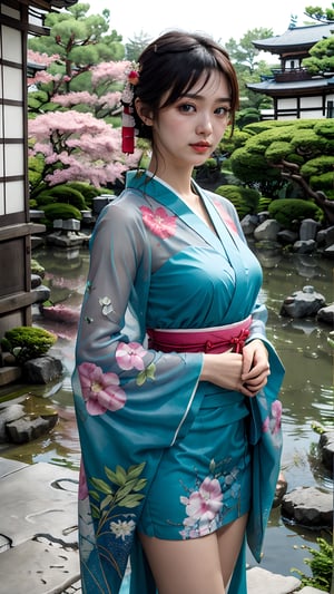 (best quality, masterpiece:1.2),ultra detailed,(photo realistic:1.4),solo,cute girl,upper body,japanese_garden_background,see-through_short_kimono