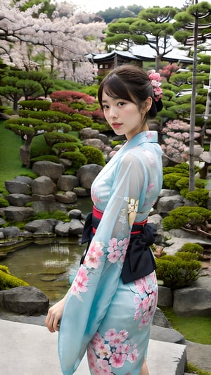 (best quality,masterpiece:1.2),ultra detailed,(photo realistic:1.4),solo,cute girl,japanese garden,from below,see-through_kimono,CherryBlossom_background,japanese_garden_background