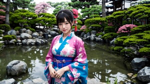 (best quality,masterpiece:1.2),ultra detailed,(photo realistic:1.4),solo,cute girl,see-through_kimono,japanese_garden_background