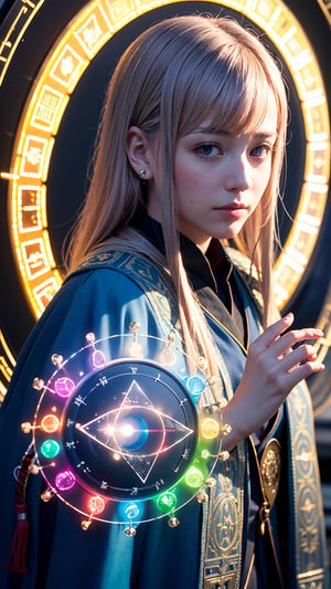(best quality, masterpiece:1.2),ultra detailed,(photo realistic:1.4),solo,cute girl,wizard's robe,(colorful illumination:1.1),upper body,(summon light magic circle:1.3),luminescence_circle_background