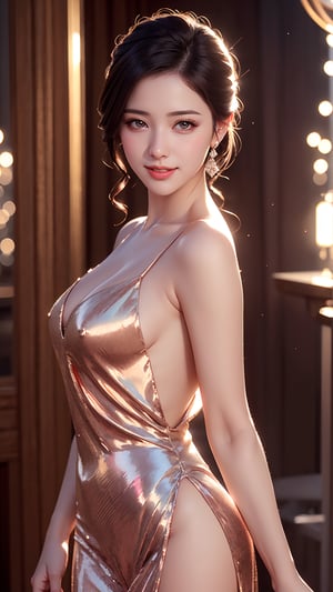 (best quality, masterpiece:1.2),ultra detailed,(photo realistic:1.4),solo,cute girl,Cabaret_Dress,shining_sparkle_background