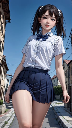 (best quality,masterpiece:1.2),ultra detailed,(photo realistic:1.4),high_school_girl,mini skirt,(bow tie,twin tail hair:1.2),lite smile,from below