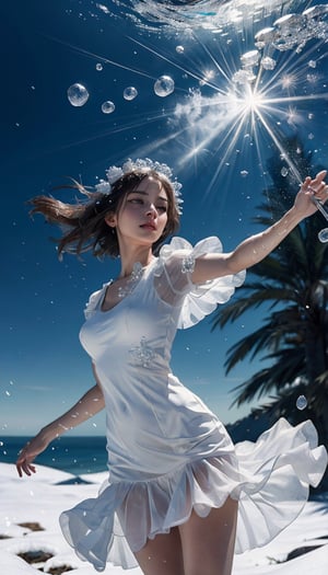 (best quality,  masterpiece:1.2), ultra detailed, (photo realistic:1.4), solo, cute girl, see-through white ruffle dress, snow_crystal_background,illumination_flower_background,diving_the_water_background,snow_crystal_background,multi_effects