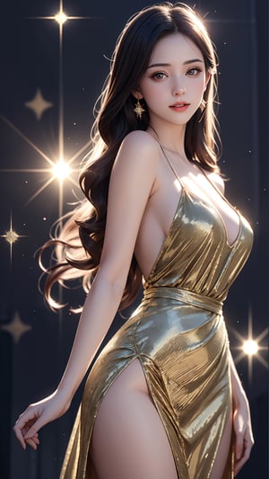 (best quality, masterpiece:1.2),ultra detailed,(photo realistic:1.4),solo,cute girl,from below,Cabaret_Dress,(shining_sparkle_background:1.2)