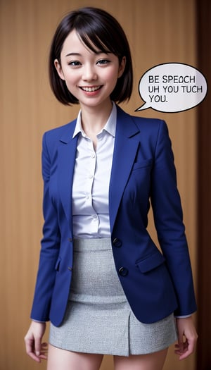 (best quality, masterpiece:1.2),ultra detailed,(photo realistic:1.4),speech bubble text for 'english language',(speech_bubble:1.4),solo,cute girl,business suit,mini skirt,lite smile