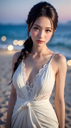 (best quality, masterpiece:1.2),ultra detailed,(photo realistic:1.4),ultra high resolution,waist up shot,1girl,summer lace dress,night beach,blurry_light_background