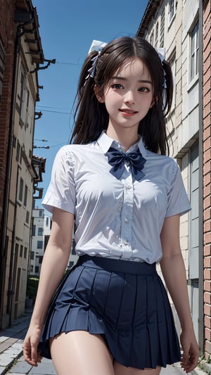 (best quality,masterpiece:1.2),ultra detailed,(photo realistic:1.4),high_school_girl,mini skirt,(bow tie,twin tail hair:1.2),lite smile,from below