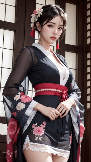 (best quality,masterpiece:1.2),ultra detailed,(photo realistic:1.4),solo,cute girl,upper body,(from below:1.3),(see-through)_((short))_kimono,(red:1.3)