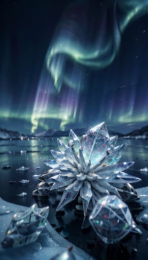 (best quality, masterpiece:1.2),ultra detailed,(photo realistic:1.4),(clear ice,transparent ice:1.3),flower_of_ice,(northern_lights:1.3),multi_effects