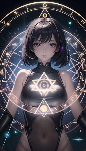 (best quality, masterpiece:1.2),ultra detailed,solo,cute girl,see-through bodysuit,(colorful illumination:1.1),upper body,(summon light magic circle:1.3),luminescence_circle_background