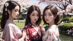 (best quality,masterpiece:1.2),ultra detailed,(photo realistic:1.4),(3 girls:1.3),kimono,japanese garden,cherry_blossom_background