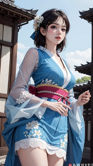 (best quality,masterpiece:1.2),ultra detailed,(photo realistic:1.4),solo,cute girl,upper body,(from below:1.3),(see-through)_((short))_kimono