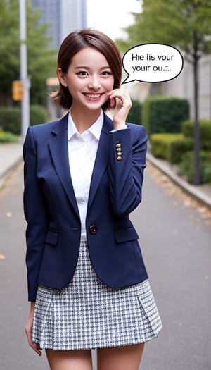 (best quality, masterpiece:1.2),ultra detailed,(photo realistic:1.4),speech bubble in text 'english language',(speech_bubble:1.4),solo,cute girl,business suit,mini skirt,lite smile