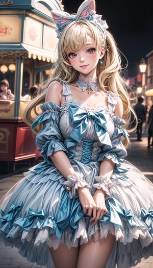 1girl, solo,mix4, (realistic:1.1), (photorealistic:1.1), (masterpiece:1.1), (best quality:1.1),  ultra detailed, looking at viewer, smile,sweet_lolita,standing , natural lighting, depth of field, (pureerosface_v1:0.8), amusement park in the background,(night)