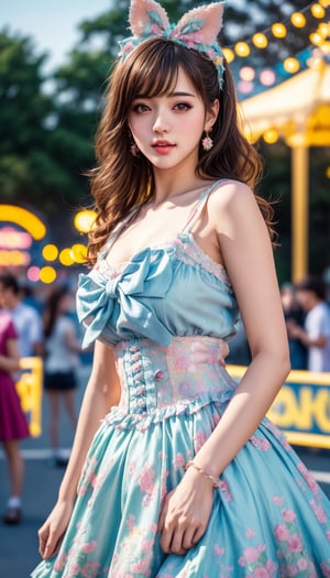 (best quality, masterpiece:1.2),ultra detailed,(photo realistic:1.4),amusement park in the background,(bokeh:1.2),waist up shot,cute_girl,sweet_lolita,colorful_girl_v2