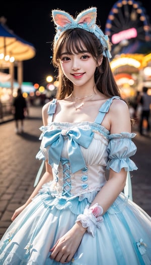 1girl, solo,mix4, (realistic:1.1), (photorealistic:1.1), (masterpiece:1.1), (best quality:1.1),  ultra detailed, looking at viewer, smile,sweet_lolita,standing , natural lighting, depth of field, (pureerosface_v1:0.8), amusement park in the background,(night)