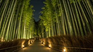 (best quality,masterpiece:1.2),ultra detailed,(photo realistic:1.4),(at night:1.3),bamboo_grove_background