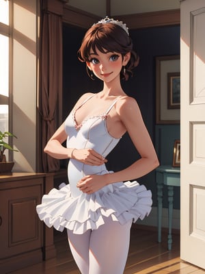 (best quality, masterpiece:1.2),ultra detailed,(photo realistic:1.4),solo,cute girl,ballerina,pantyhose,leotard,tutu,lite smile,indoor,