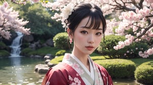 (best quality,masterpiece:1.2),ultra detailed,(photo realistic:1.4),solo,geisha girl,Fujiyama,kimono,japanese garden,cherry_blossom_background