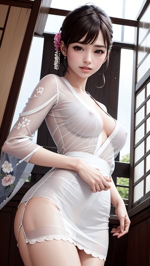 (best quality,masterpiece:1.2),ultra detailed,(photo realistic:1.4),solo,cute girl,upper body,(from below:1.3),(see-through)_((short))_kimono