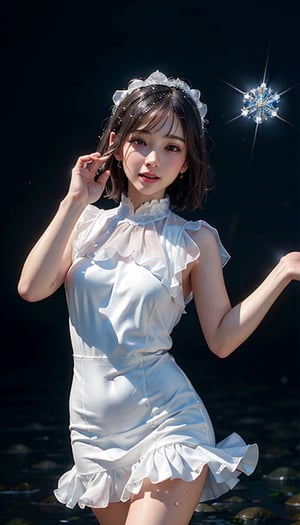 (best quality,  masterpiece:1.2), ultra detailed, (photo realistic:1.4), solo, cute girl, see-through white ruffle dress, snow_crystal_background,illumination_flower_background,diving_the_water_background,snow_crystal_background,multi_effects