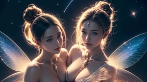 (best quality,masterpiece:1.2),ultra detailed,(photo realistic:1.4),(2 girls:1.3),aura_power,fairy wings,flying night sky